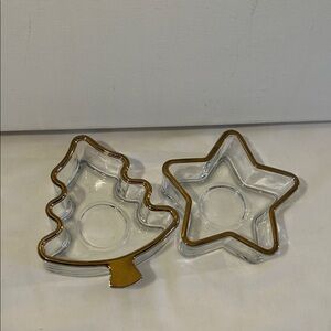 Vintage Holiday Indiana Glass Gold Trim Tree & Star Votive Candy Nuts Dishes USA